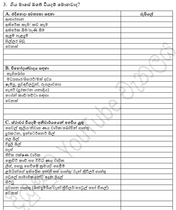 Diyunuwa Expenses format for Slide Sinhala